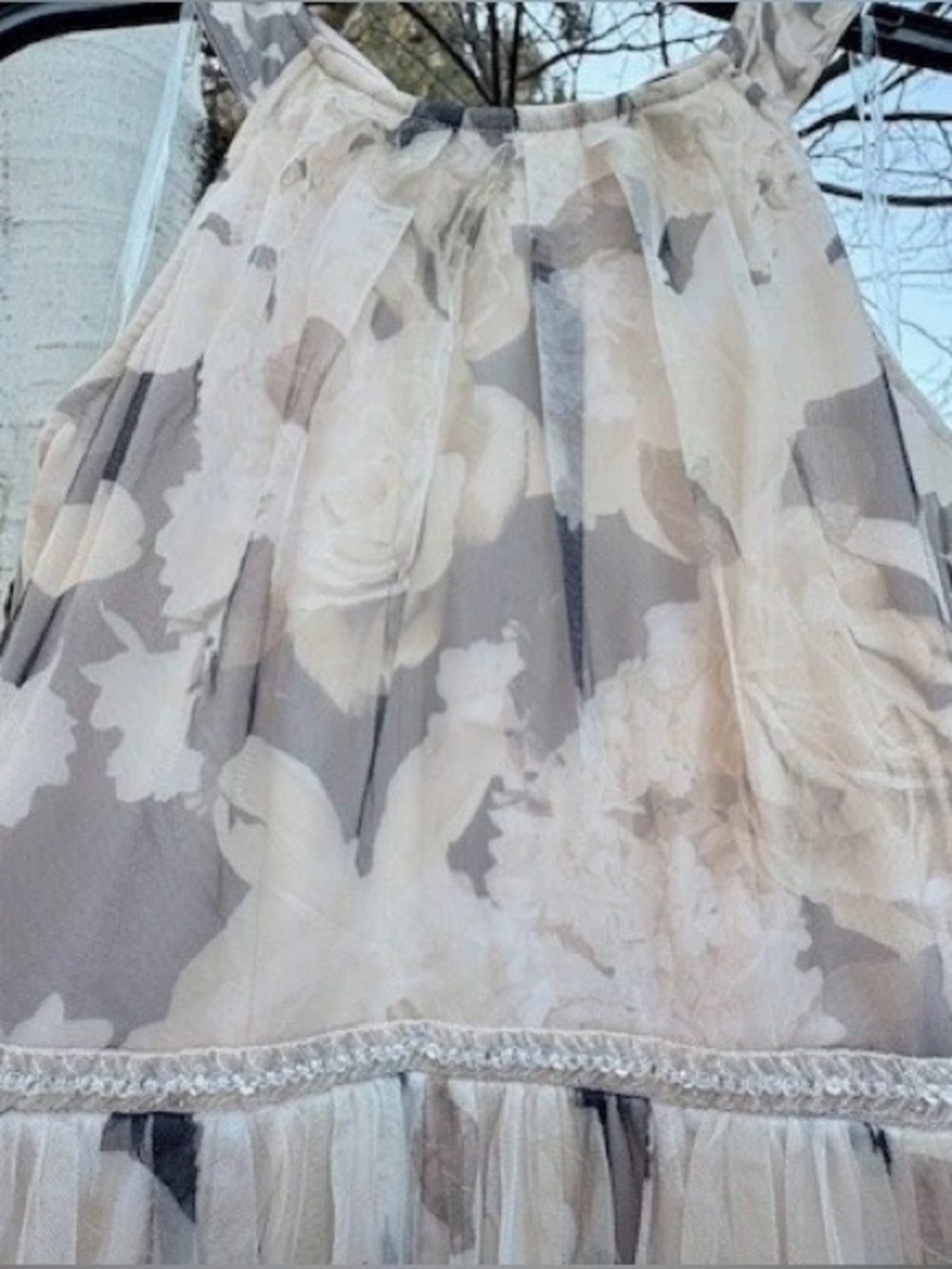 NWOT Tulle Evening Dress Beige/Taupe/sepia Floral Print Sequins Detail, sz PS - Picture 4 of 16